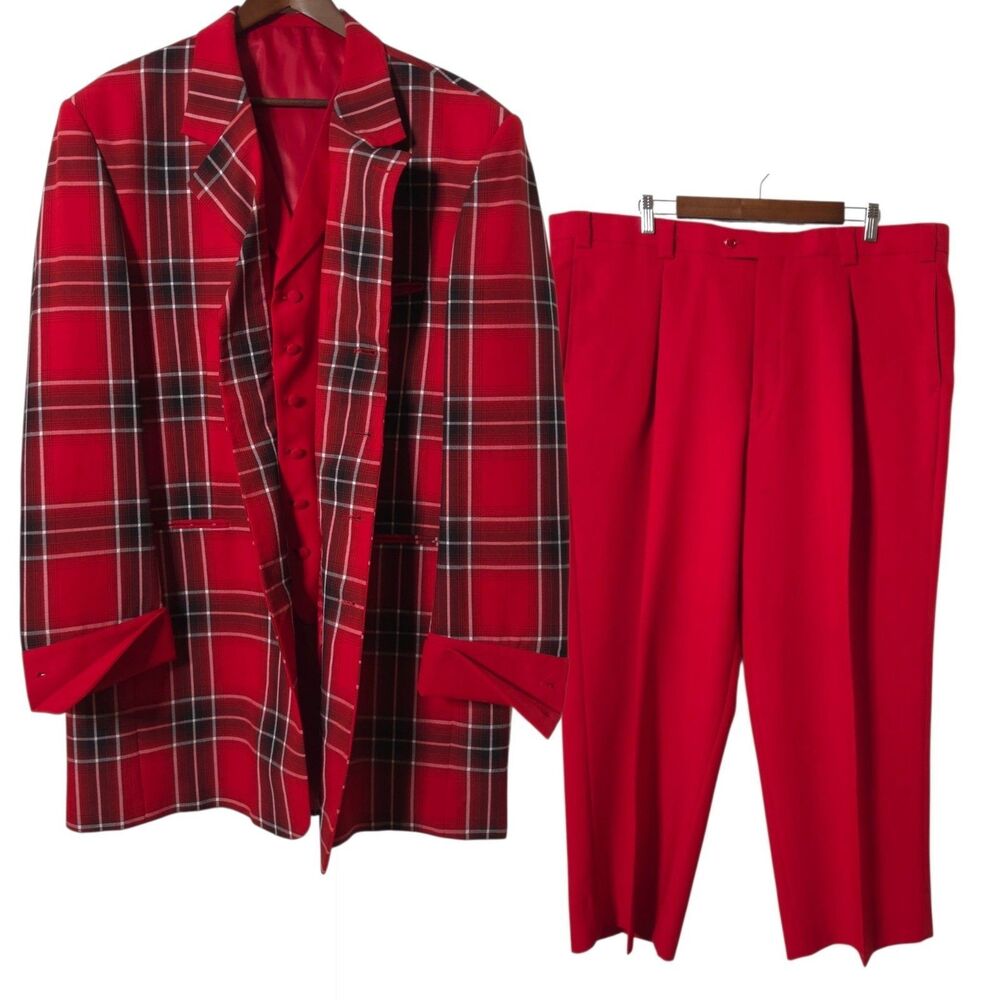 Falcone Mens Red Plaid 3 Piece Suit 46R Blazer 44 x 28 Pants and Vest